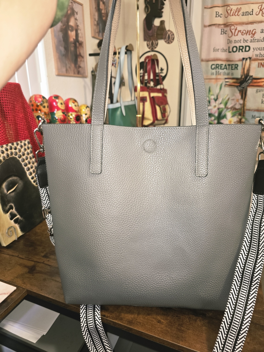 Gray Doggy Tote Bag with Removable Strap and Cute Patch Accents - Picture 5 of 8